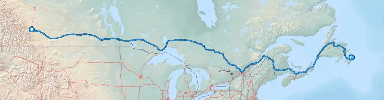 Map of Calgary to St. John’s car shipping route
