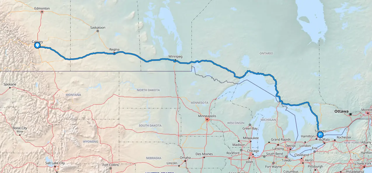 Map showing Calgary to Toronto shipping route