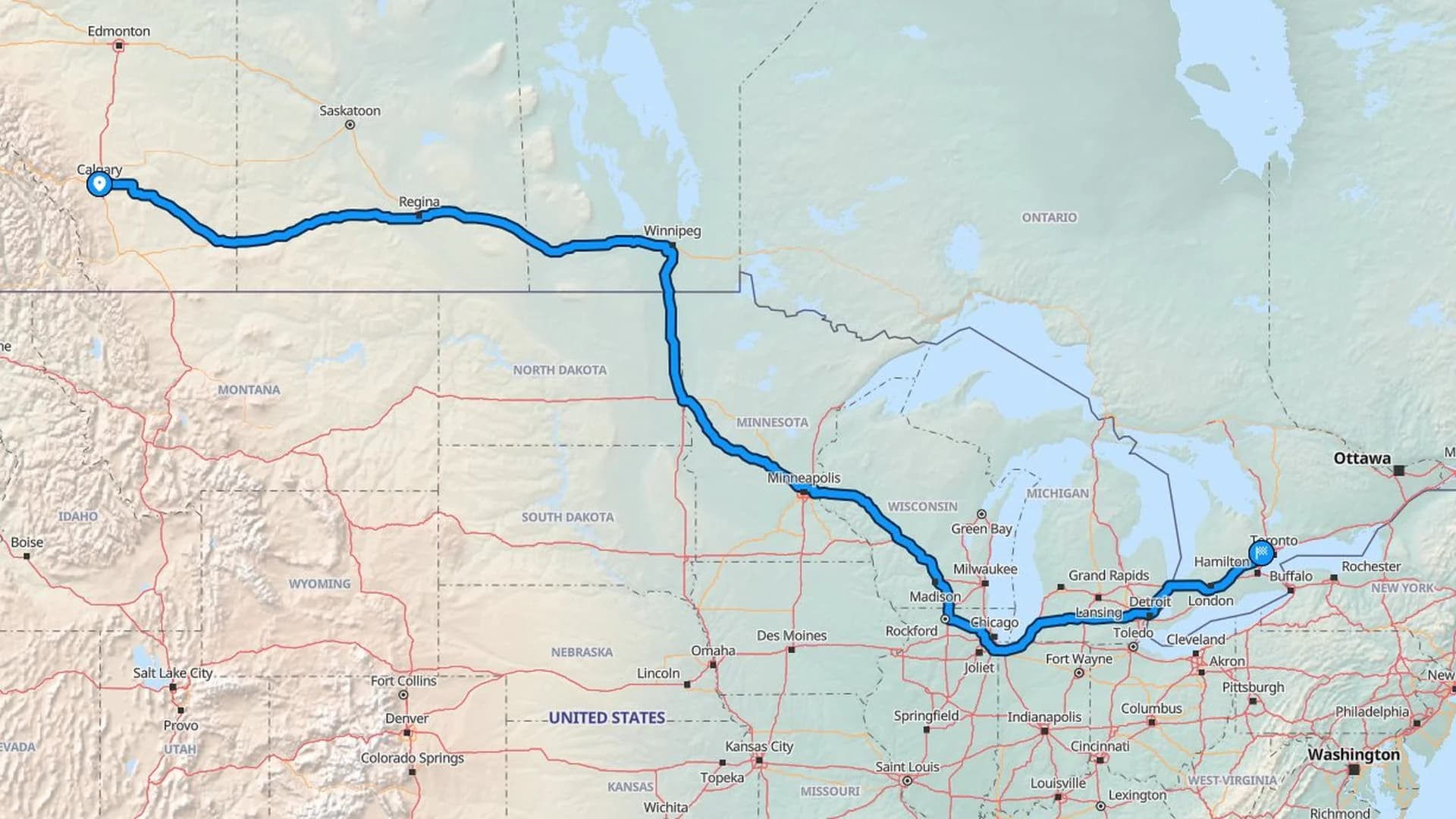 Map showing the Calgary to Brampton car shipping route across the Prairies and into the GTA
