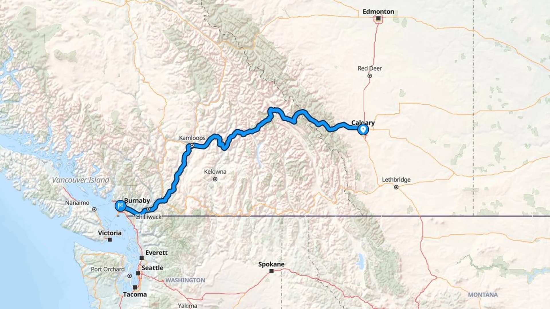 Map showing the Calgary to Burnaby car shipping route through the Rockies and into the Lower Mainland