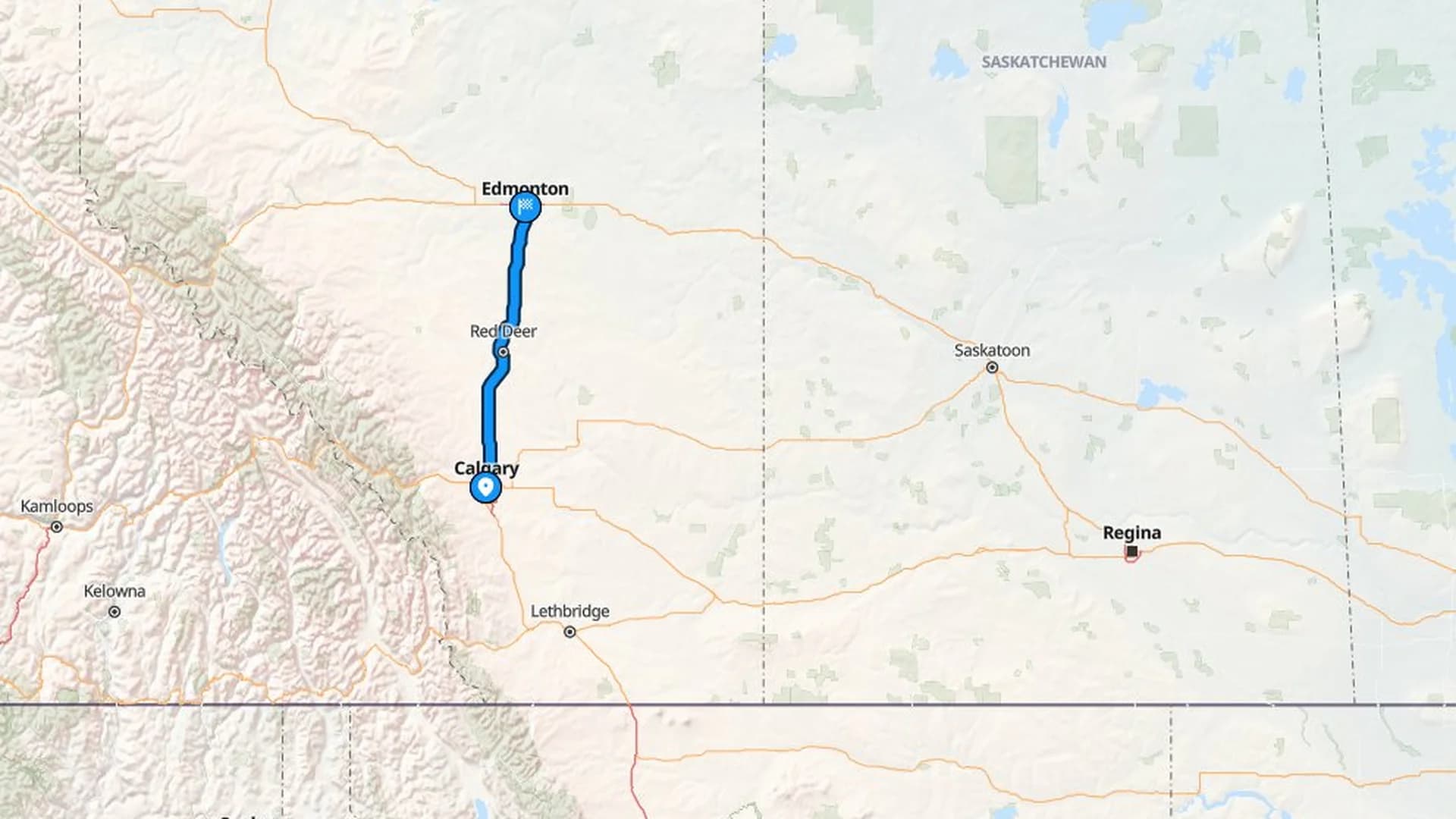 Map showing the Calgary to Edmonton car shipping route along the Queen Elizabeth II Highway