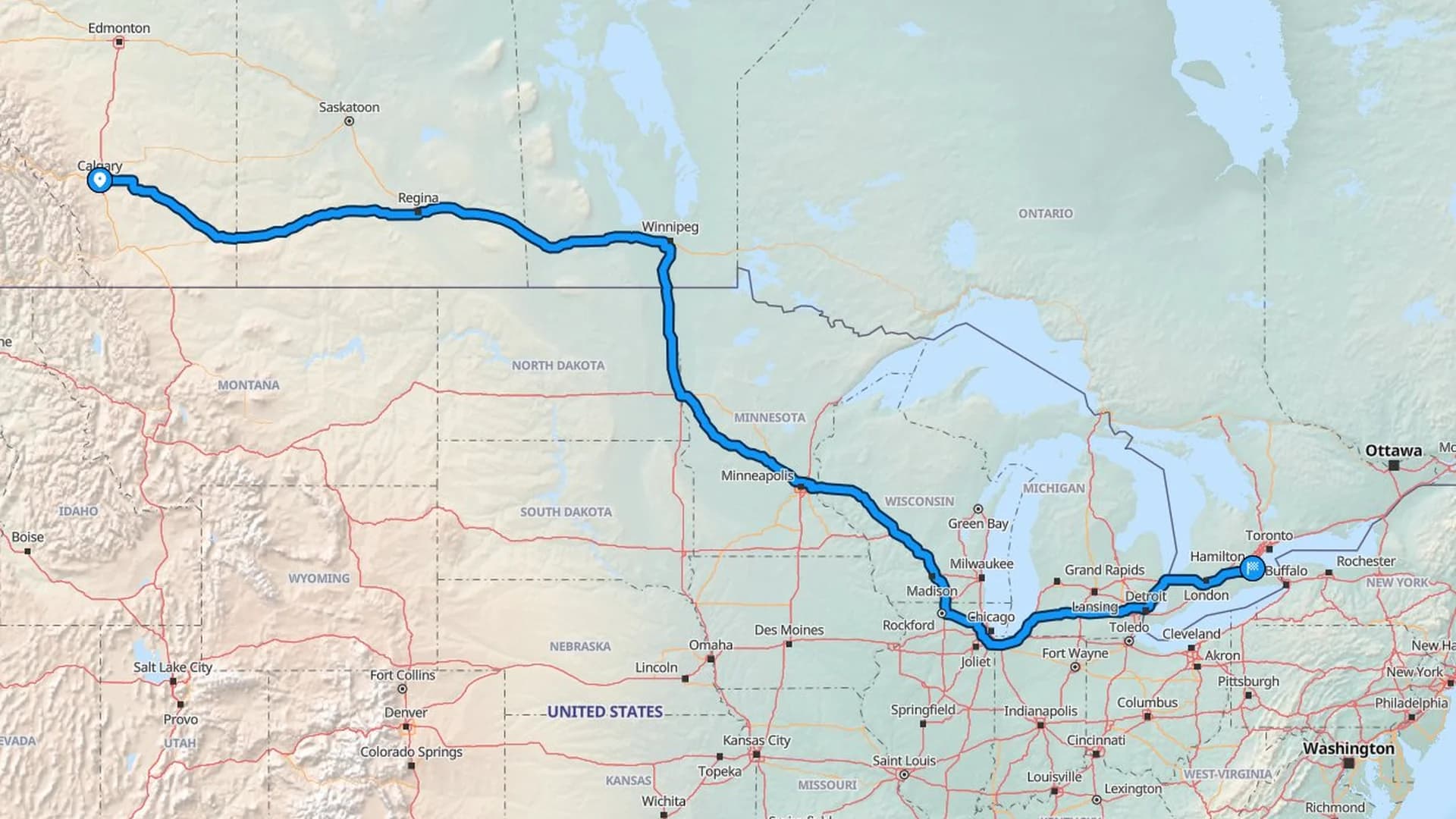 Map showing the Calgary to Hamilton car shipping route across the Prairies and into the Great Lakes corridor