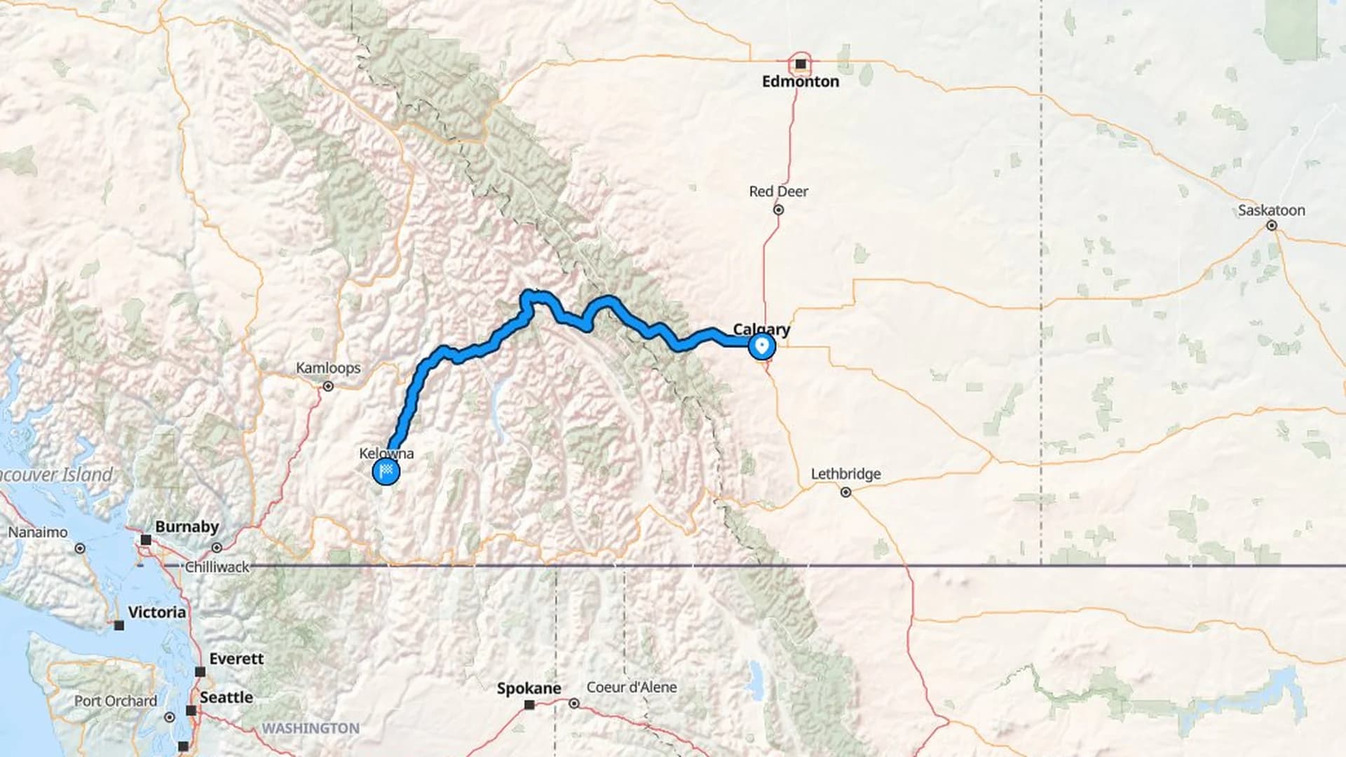 Map showing the Calgary to Kelowna car shipping route through the Rockies and into the Okanagan Valley