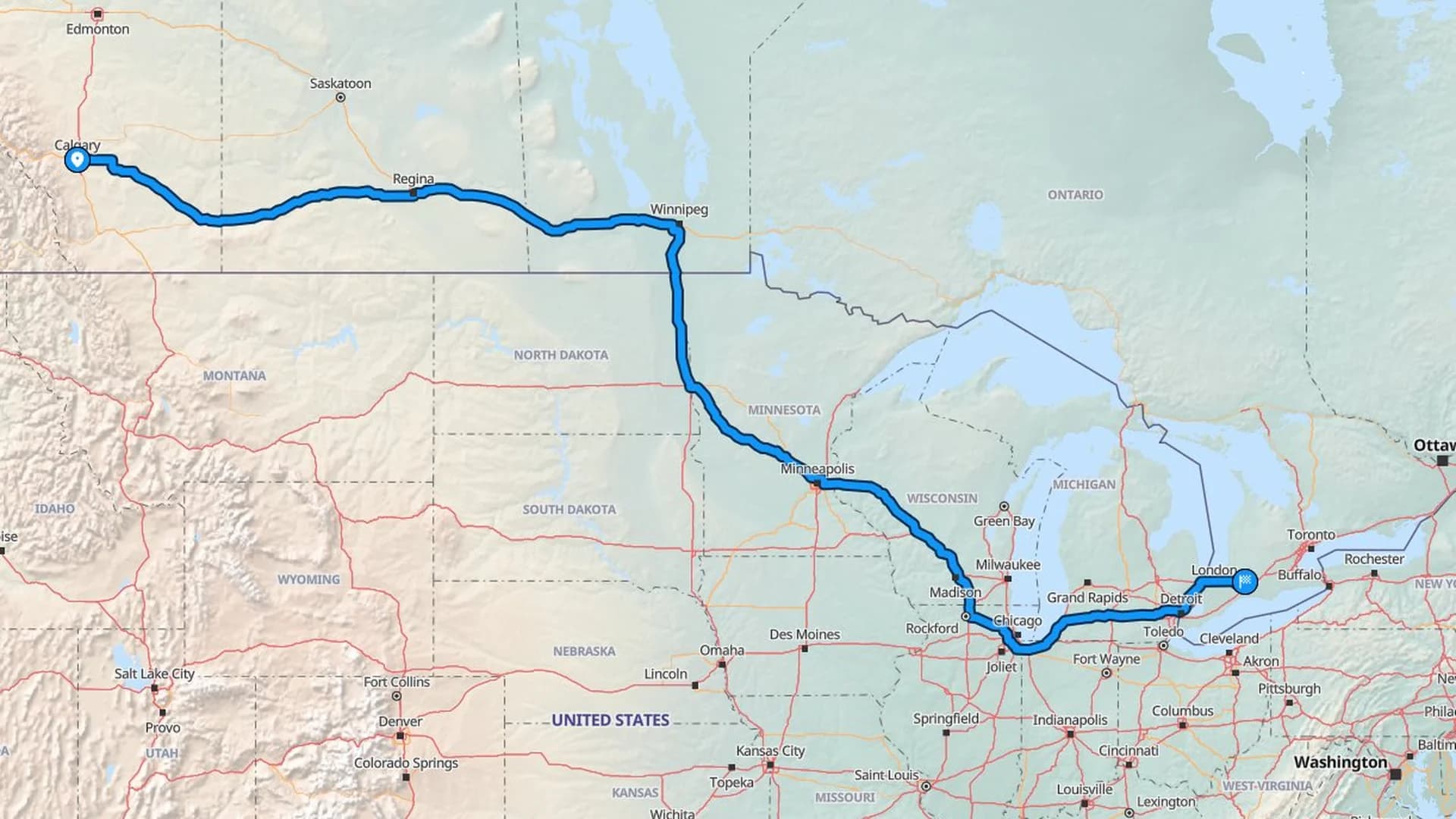 Map showing the Calgary to London car shipping route across the Prairies and into southwestern Ontario
