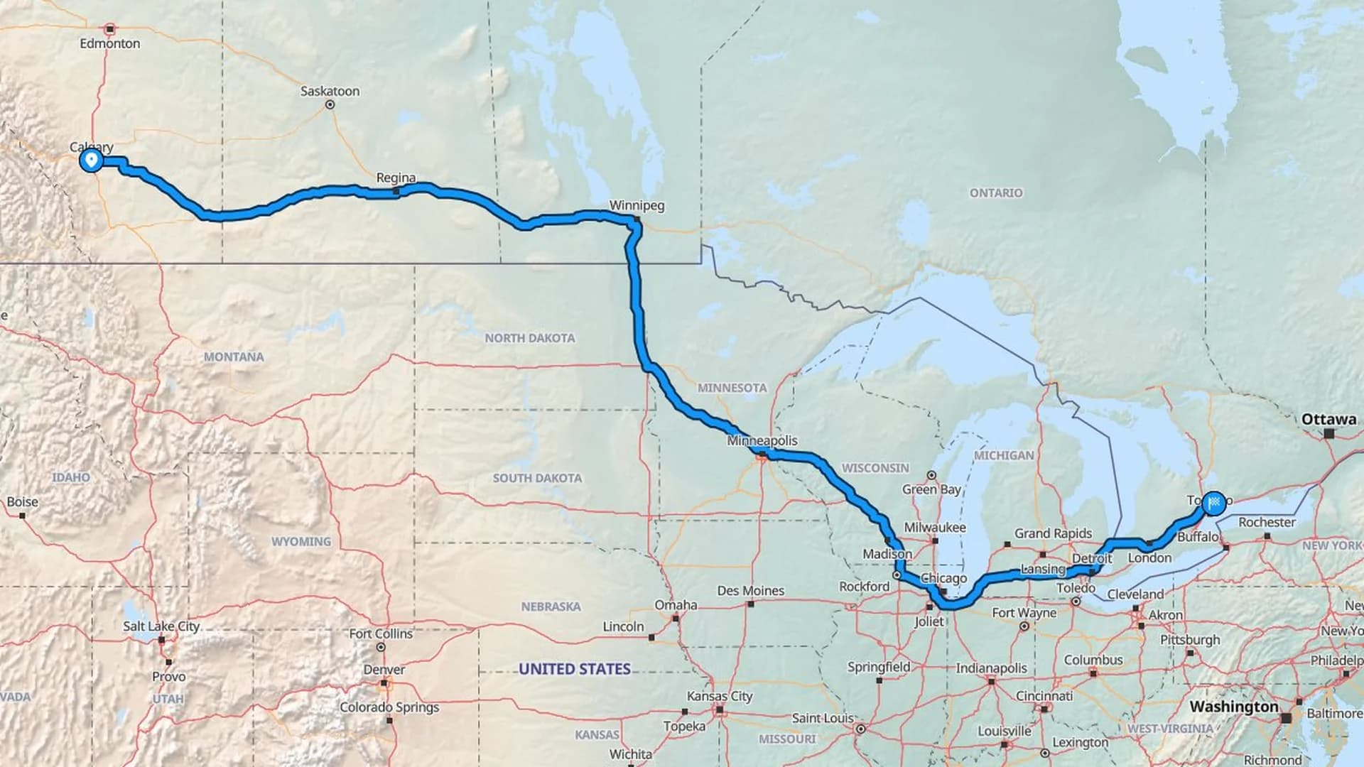 Map showing the Calgary to Markham car shipping route across the Prairies and into the GTA