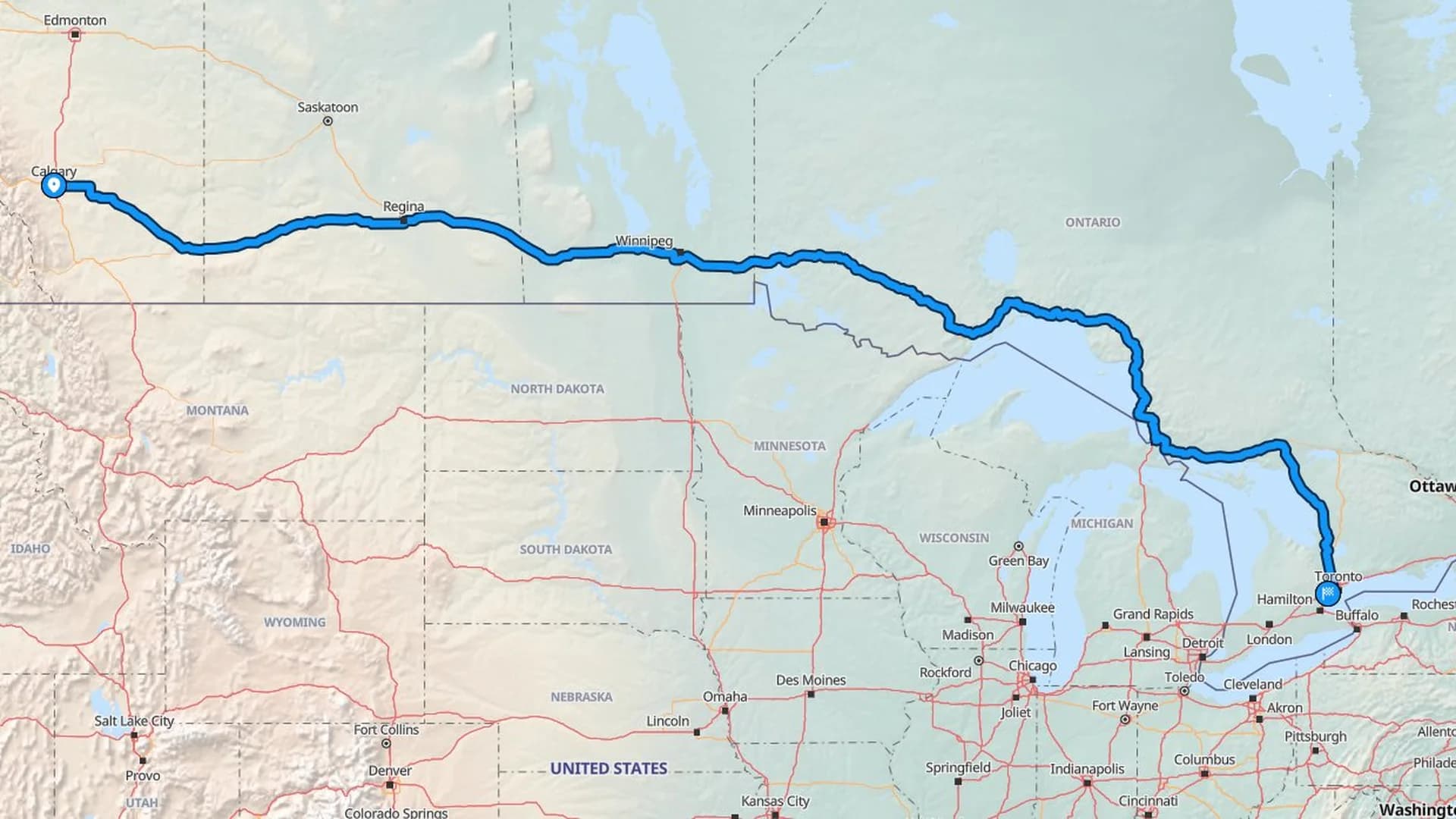 Map showing the Calgary to Mississauga car shipping route across the Prairies and into the GTA