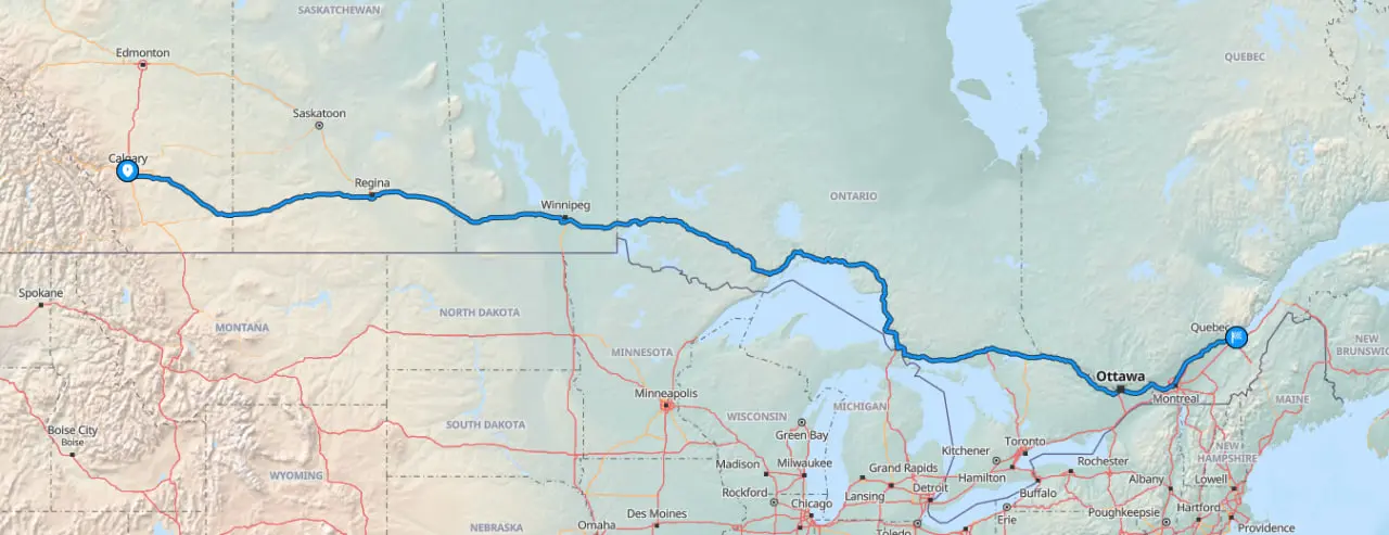 Map with long-distance car shipping route from Calgary to Quebec City