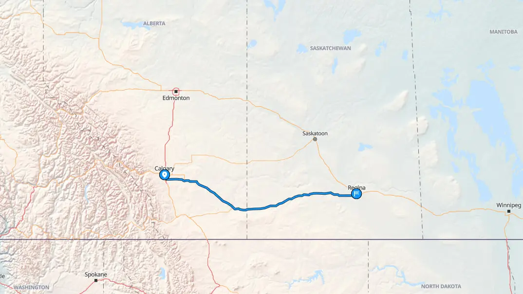 Map of Calgary to Regina vehicle shipping route