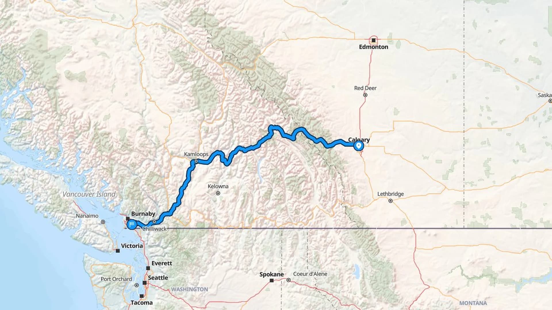 Map showing the Calgary to Surrey car shipping route through the Rockies and into the Lower Mainland