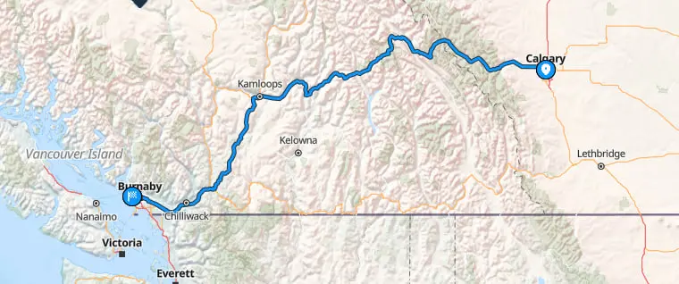 Map showing Calgary to Vancouver car shipping route