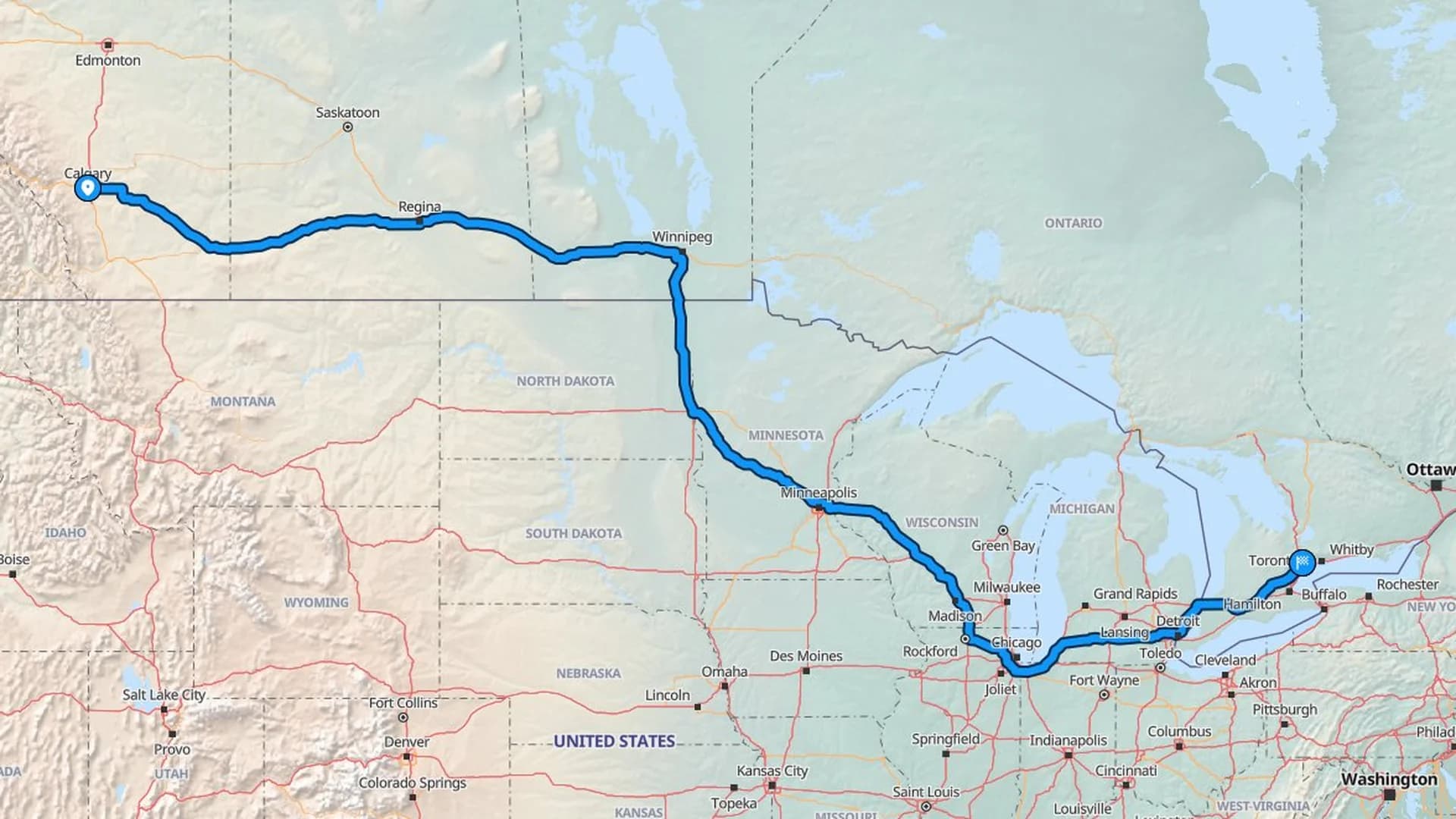Map showing the Calgary to Vaughan car shipping route across the Prairies and into the GTA