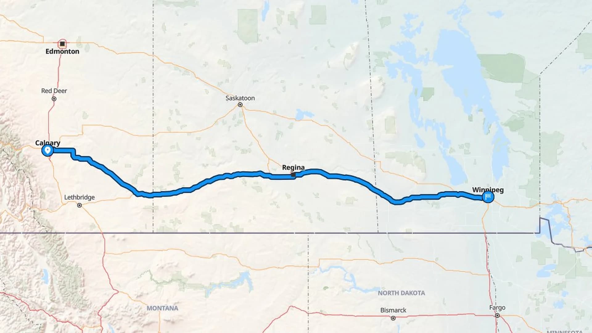 Map showing the Calgary to Winnipeg car shipping route along the Trans-Canada through the prairies