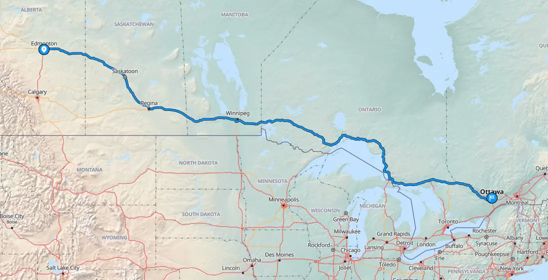 Map showing Edmonton to Ottawa route