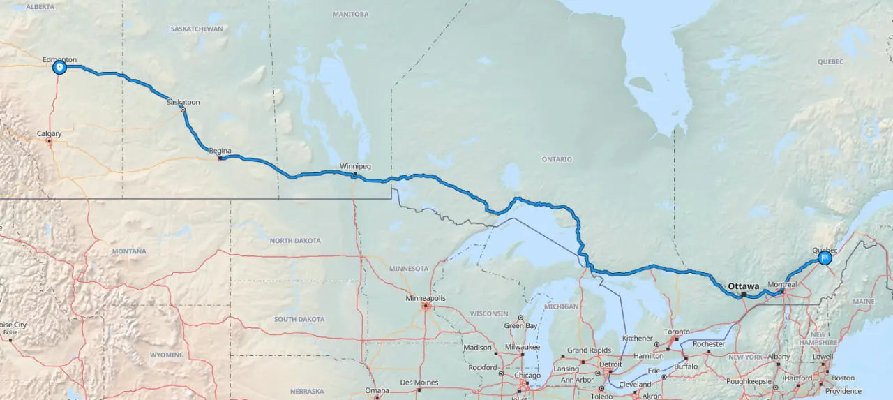 Canada map showing route from Edmonton to Quebec City