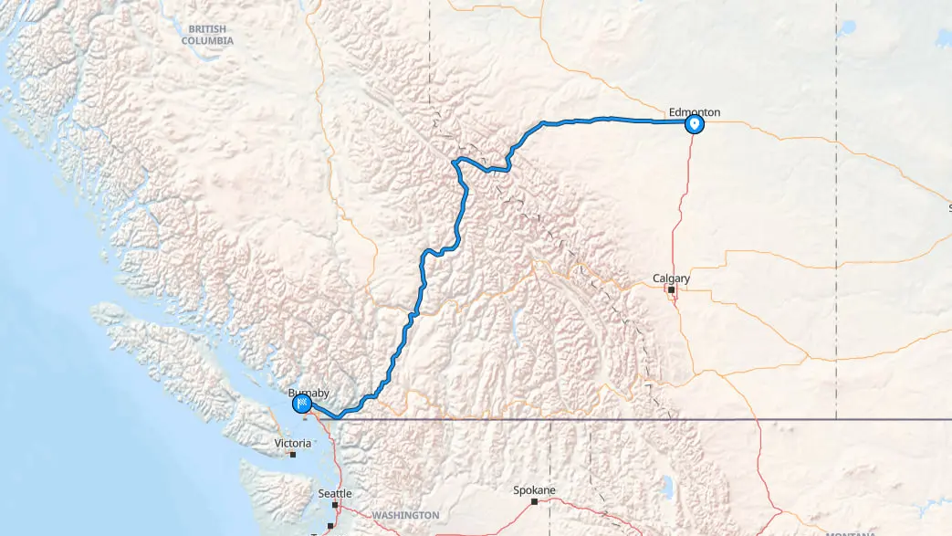 Edmonton to Vancouver vehicle shipping route on map