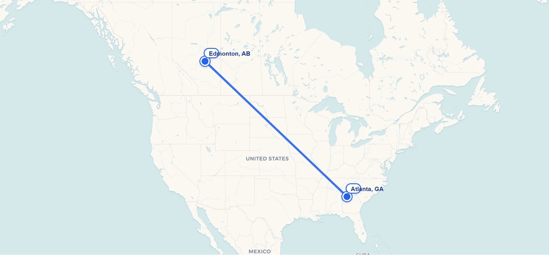 Map showing Edmonton to Atlanta cross-border shipping route