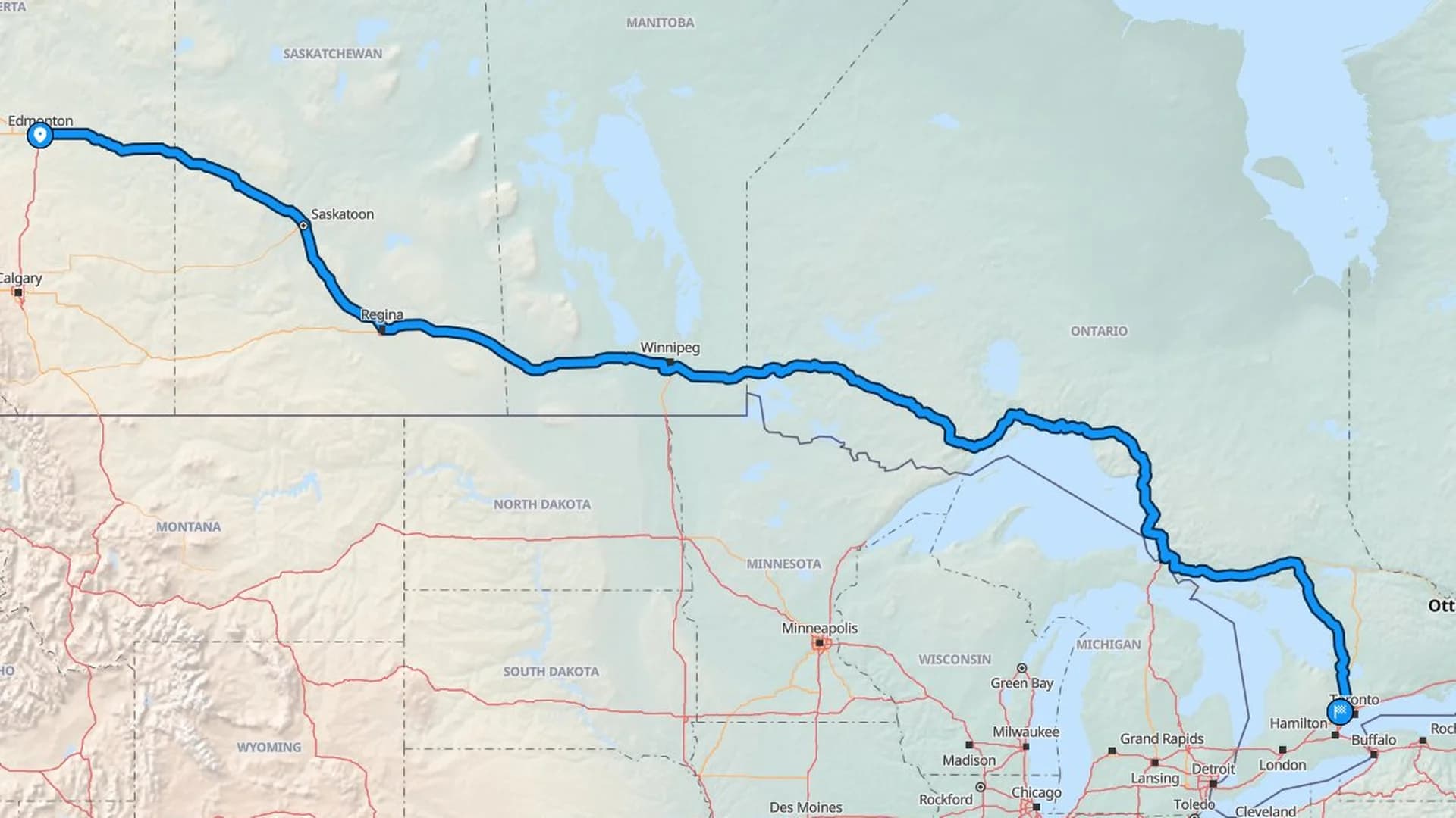 Map showing the Edmonton to Brampton car shipping route across the Trans-Canada corridor
