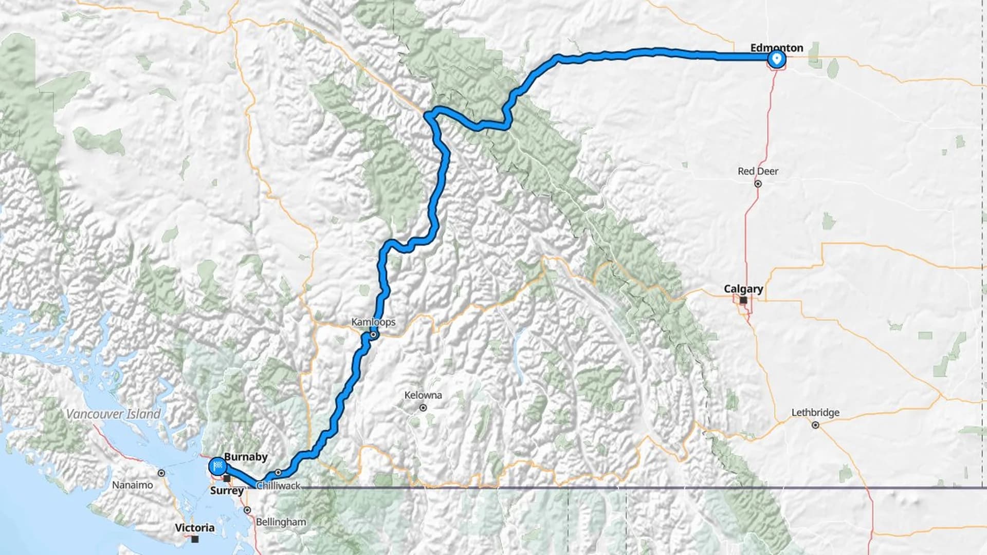 Map showing the Edmonton to Burnaby car shipping route through the Rockies and Fraser Valley