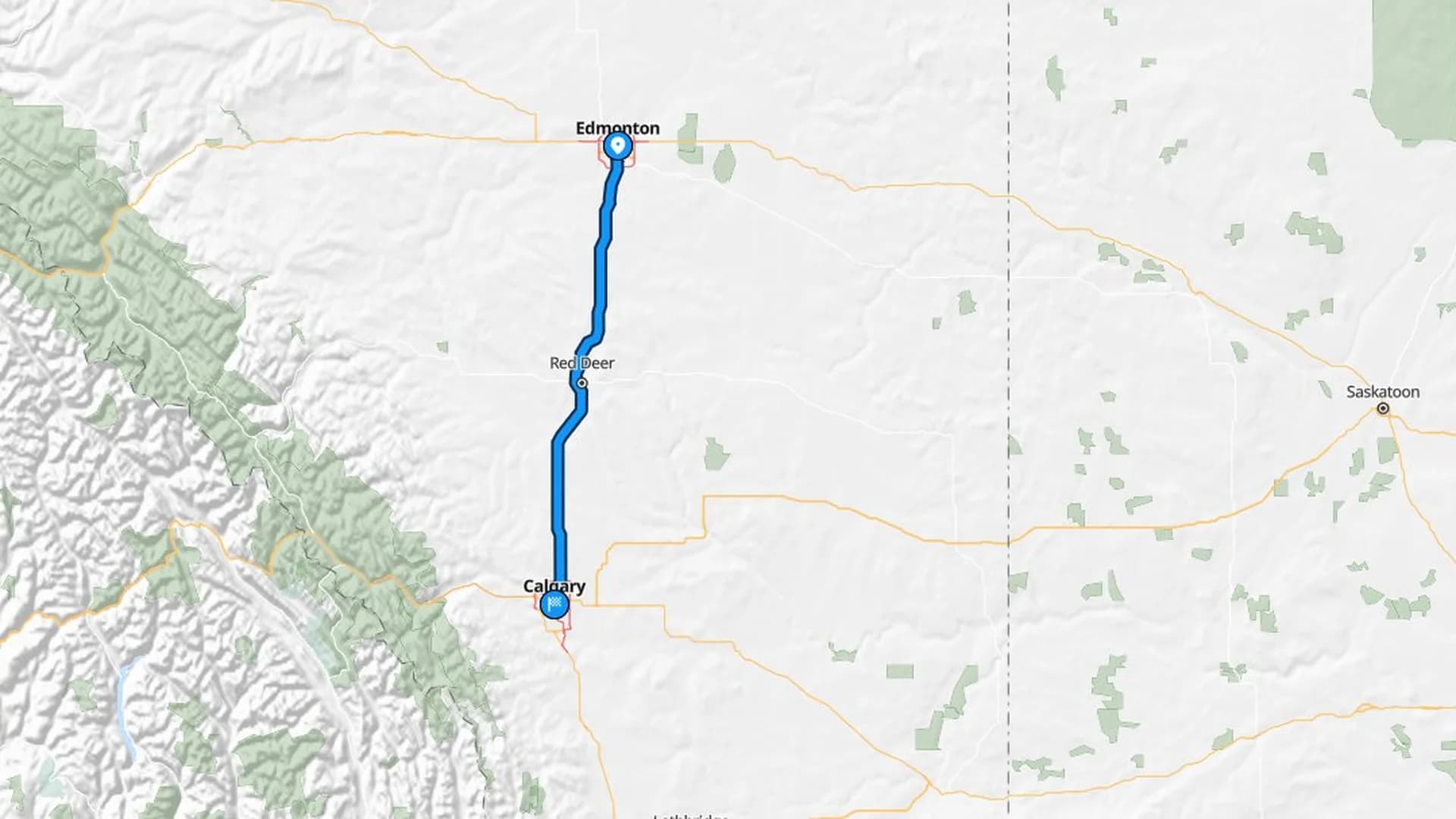 Map showing the Edmonton to Calgary car shipping route along the QEII Highway 2