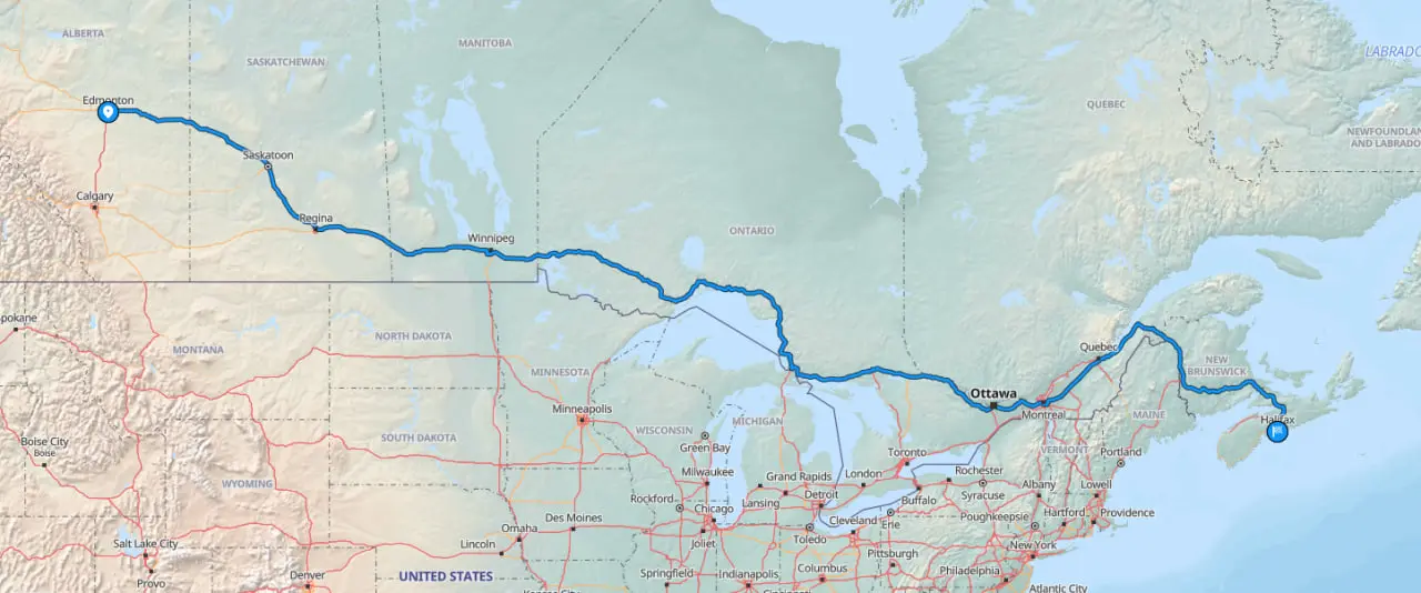 Map route from Edmonton to Halifax for car shipping