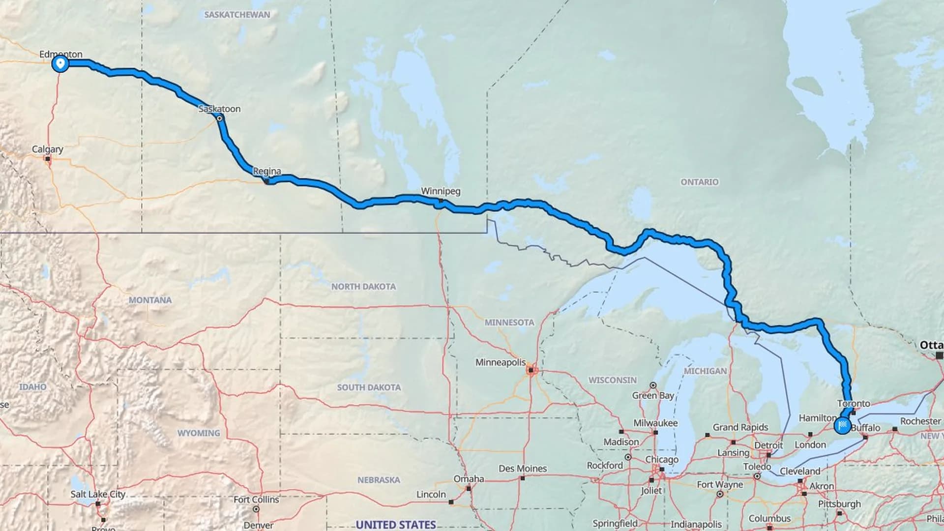 Map showing the Edmonton to Hamilton car shipping route across the Trans-Canada corridor