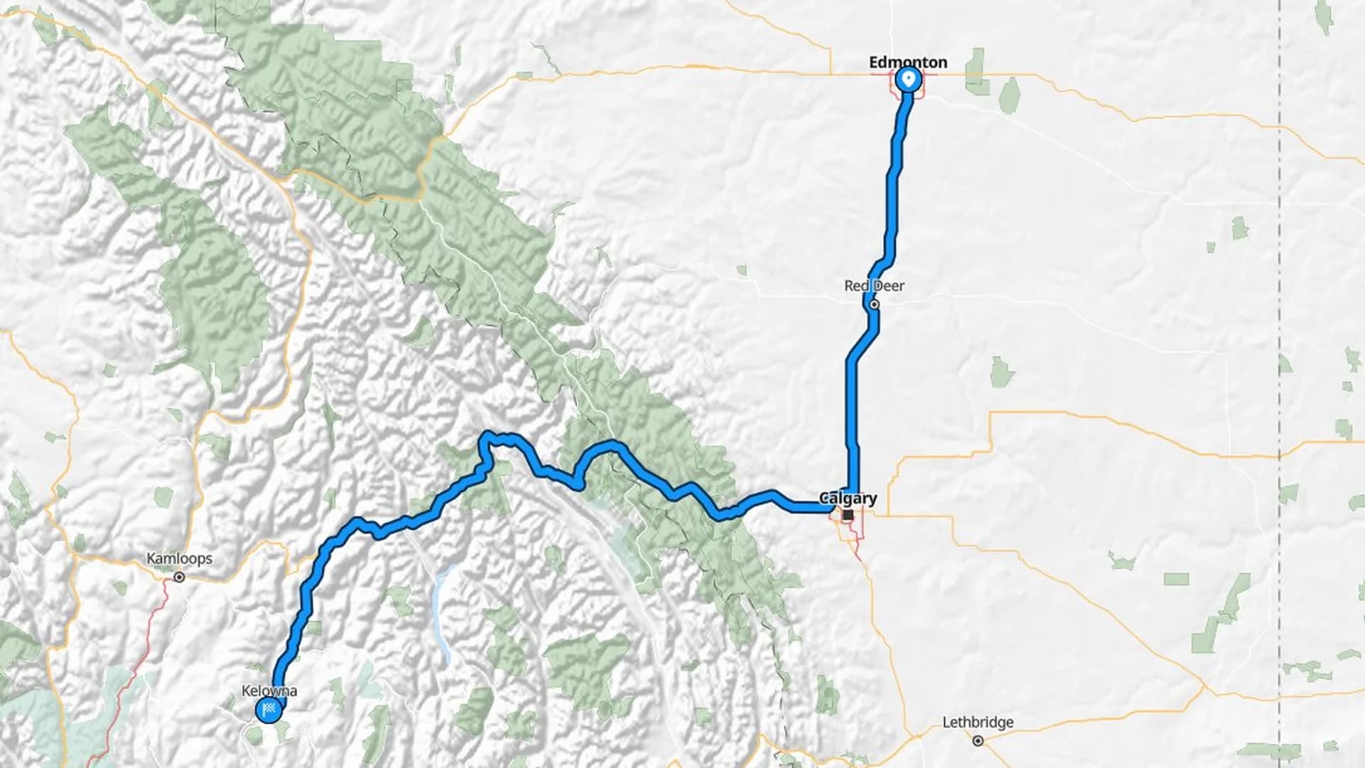 Map showing the Edmonton to Kelowna car shipping route through the Rockies and Okanagan Valley