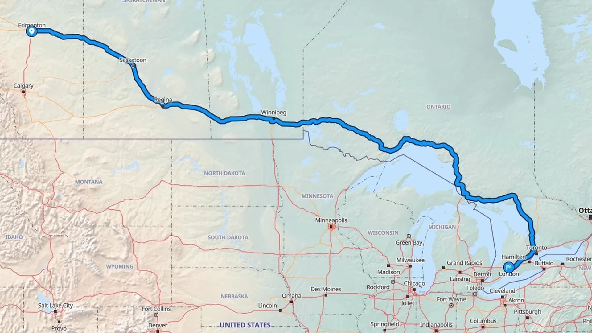 Map showing the Edmonton to London car shipping route across the Trans-Canada corridor