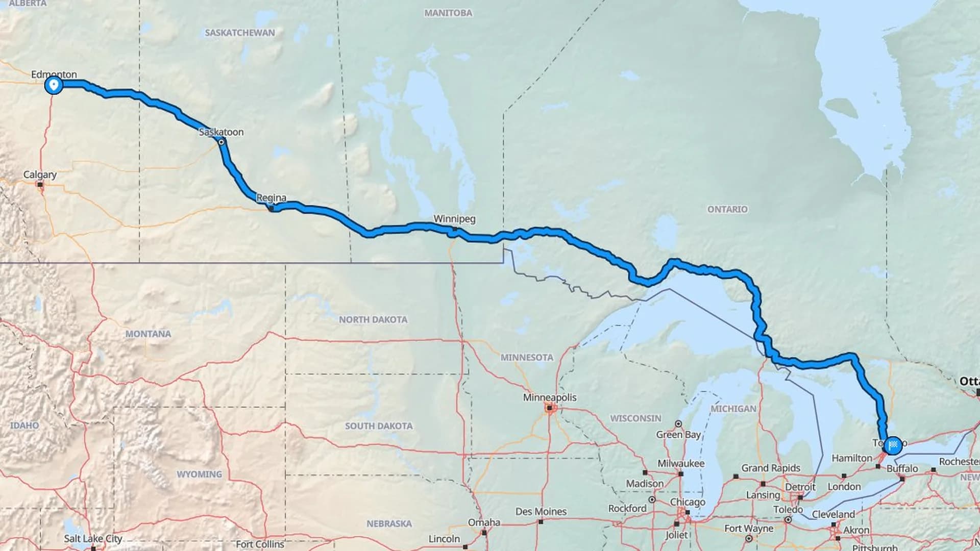 Map showing the Edmonton to Markham car shipping route across the Trans-Canada and GTA corridor
