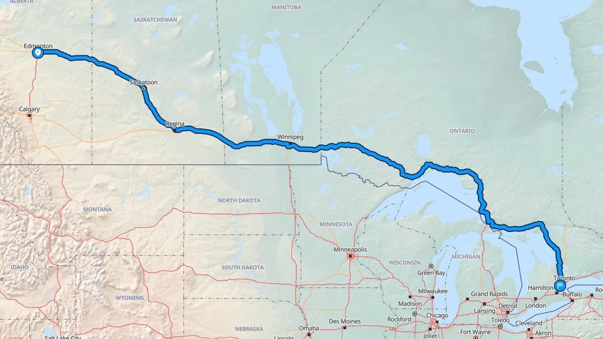Map showing the Edmonton to Mississauga car shipping route across the Trans-Canada and GTA corridor