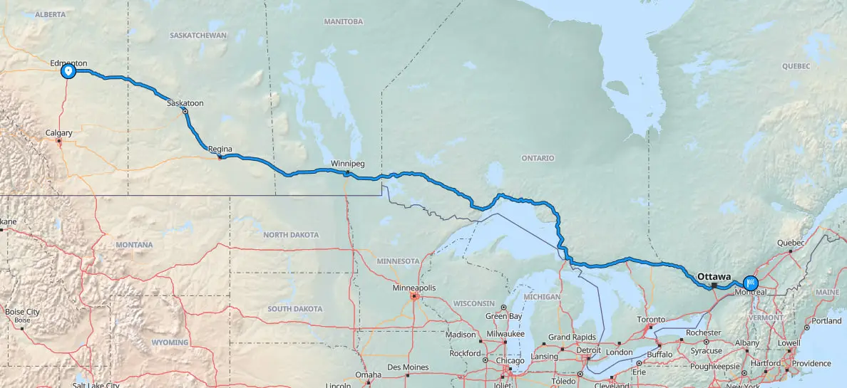Map highlighting route from Edmonton to Montreal