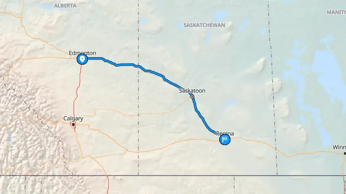 Map of Edmonton to Regina route