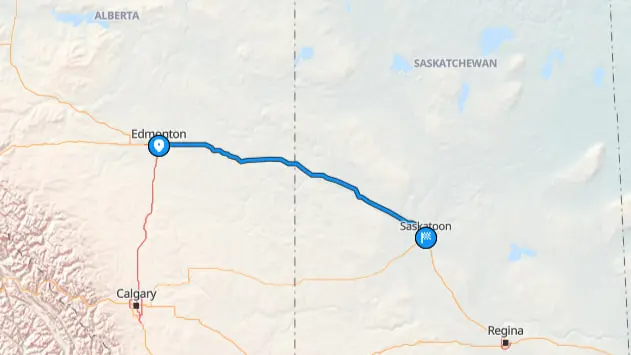 Map showing Edmonton to Saskatoon route