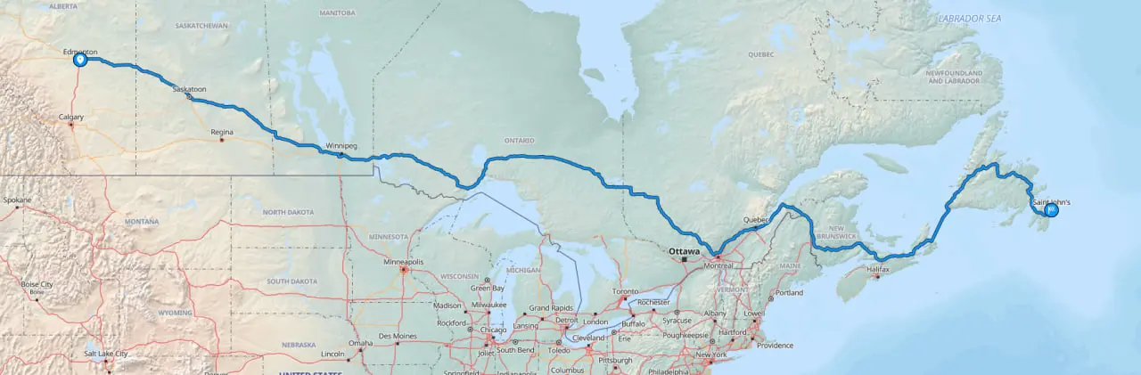 Canada map showing vehicle route to St. John’s