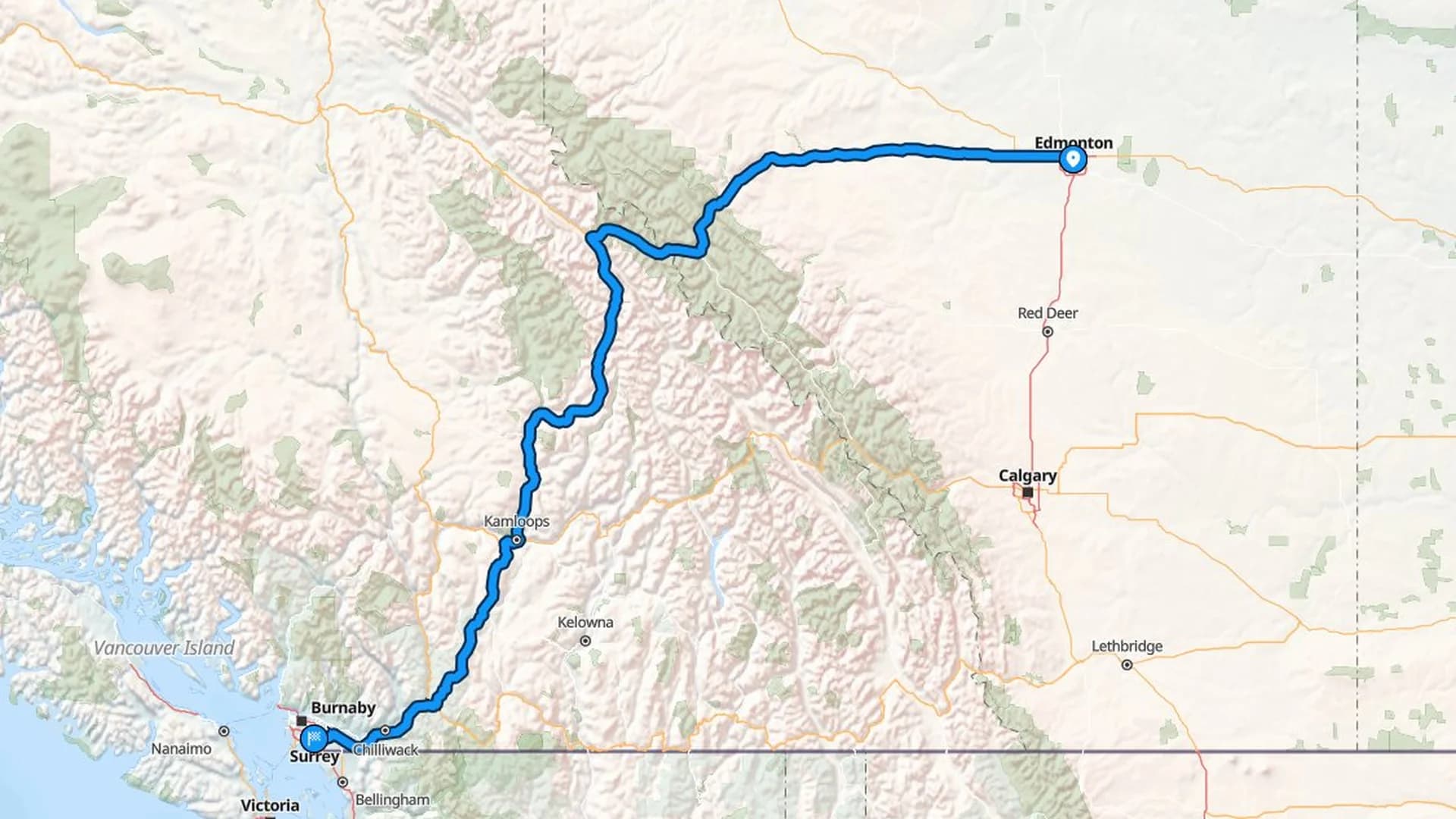 Map showing the Edmonton to Surrey car shipping route through the Rockies and Coquihalla