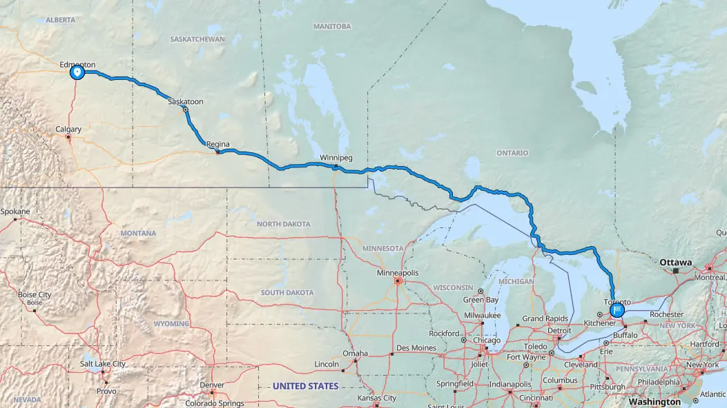 Edmonton to Toronto route on map