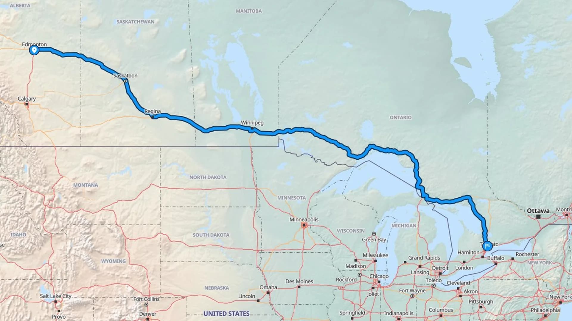 Map showing the Edmonton to Vaughan car shipping route across the Trans-Canada and GTA corridor
