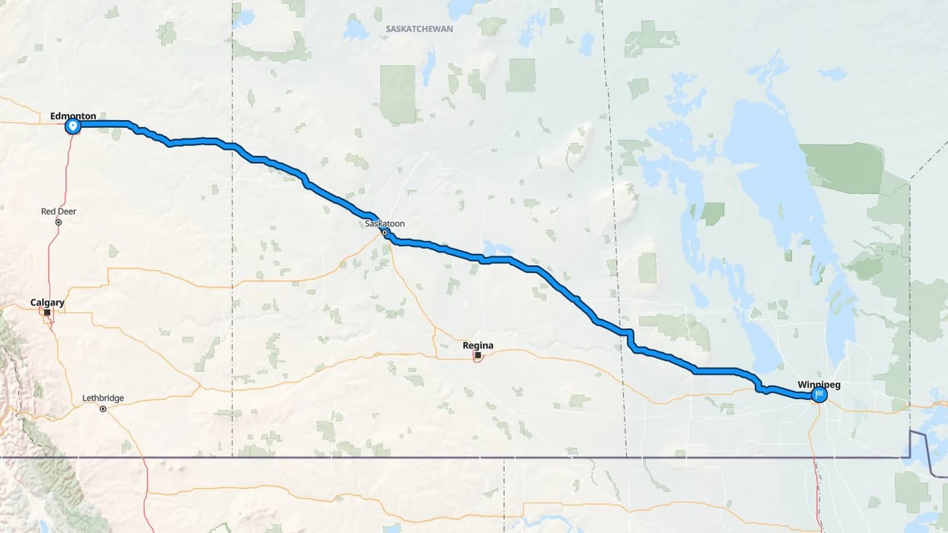 Map showing the Edmonton to Winnipeg car shipping route along the prairie corridor