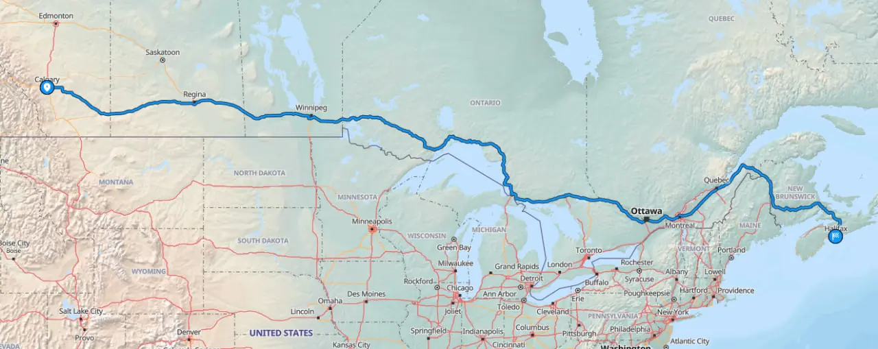 Map showing shipping route from Halifax to Calgary