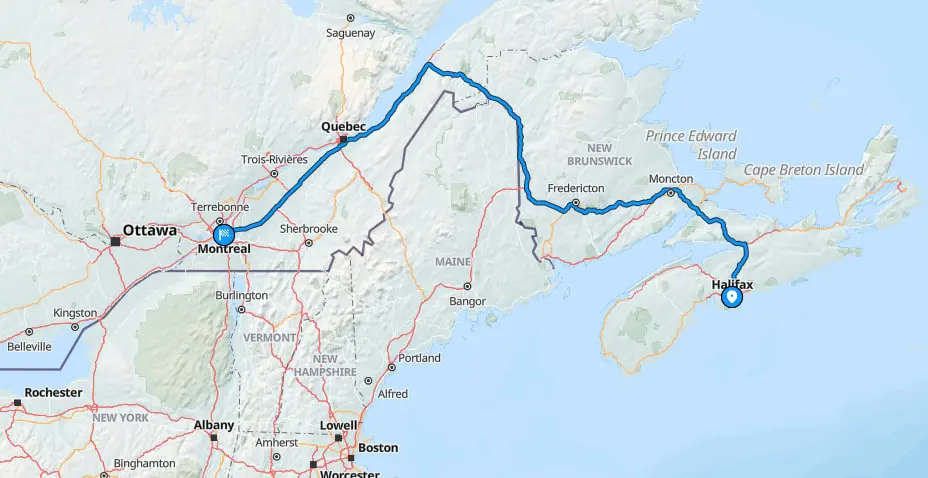 Map graphic showing Halifax to Montreal vehicle route