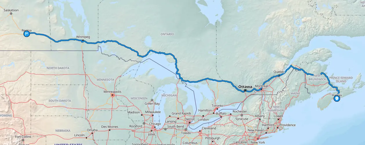 Map of vehicle route from Halifax to Regina
