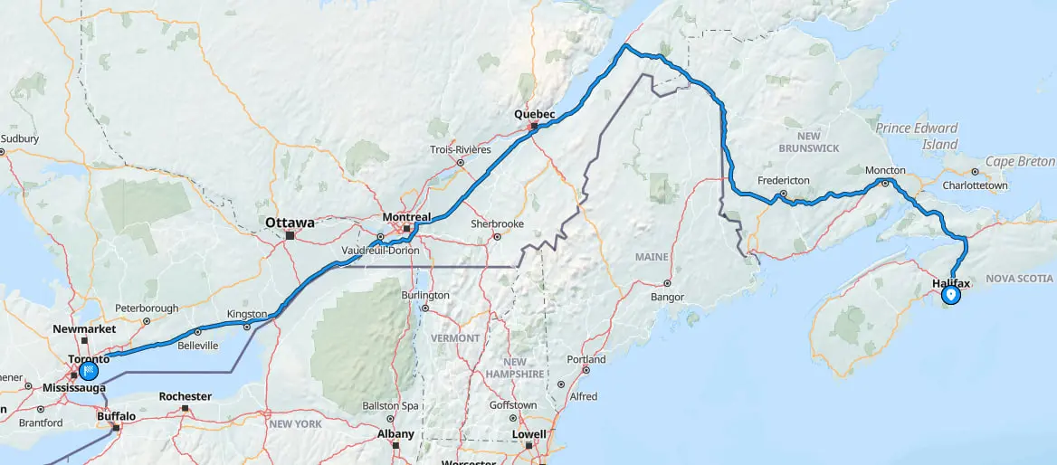 Vehicle shipping route map from Halifax to Toronto