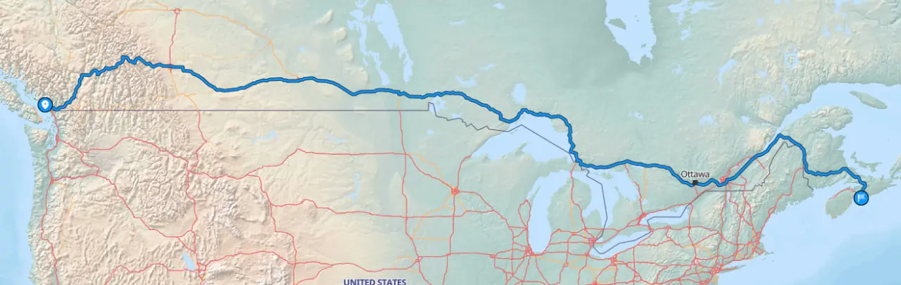 Map showing Halifax to Vancouver vehicle route