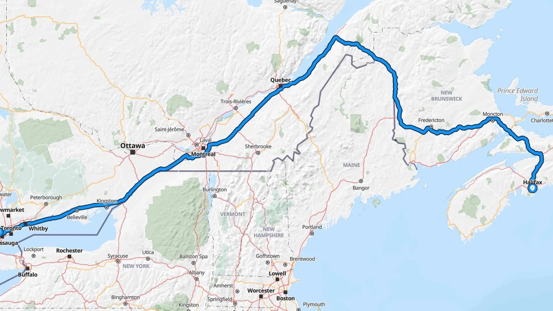 Map showing the Halifax to Brampton car shipping route across four provinces