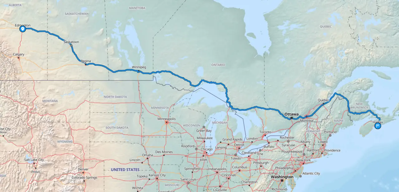 Map showing the Halifax to Edmonton shipping route