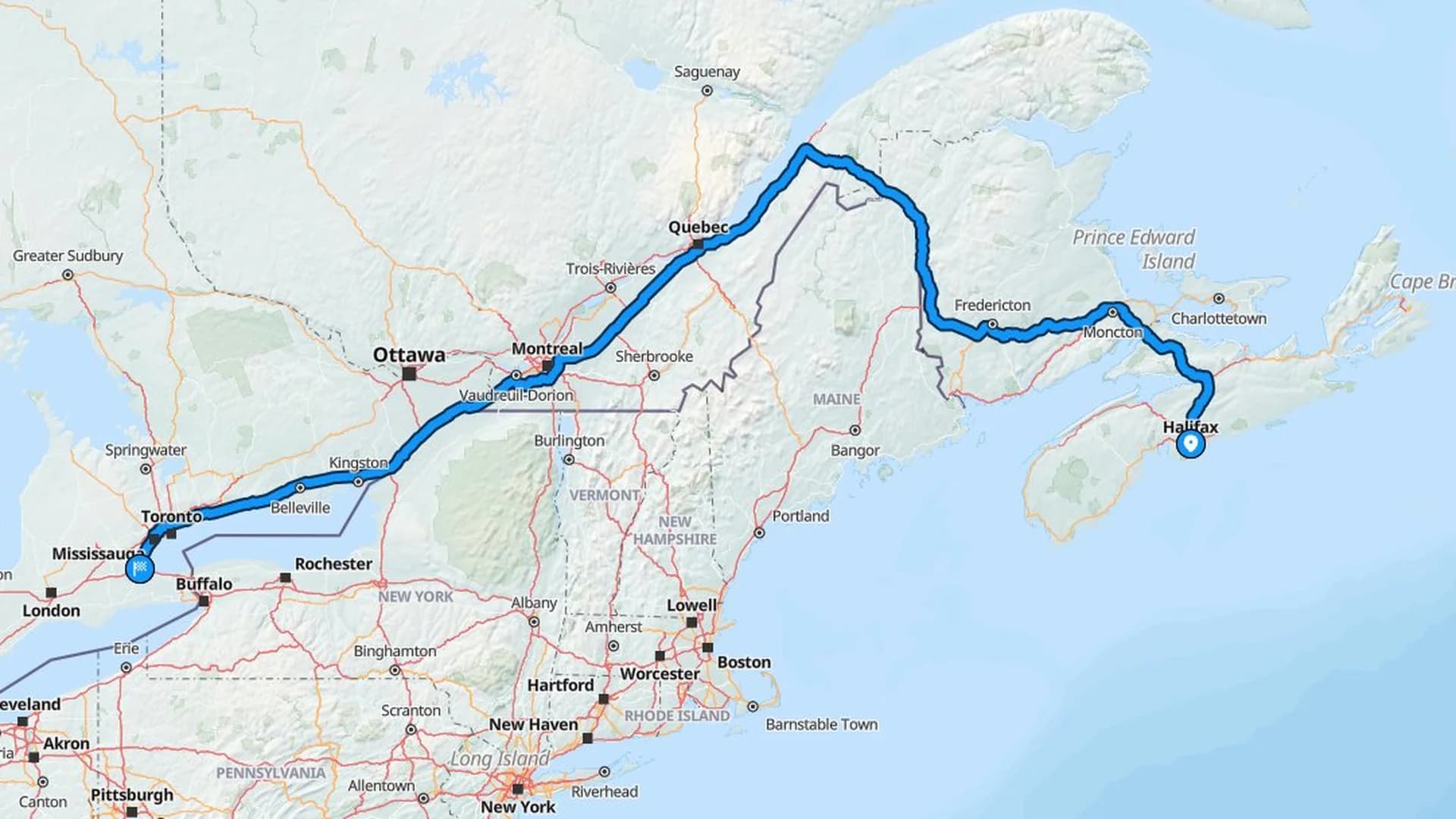 Map showing the Halifax to Hamilton car shipping route across four Canadian provinces