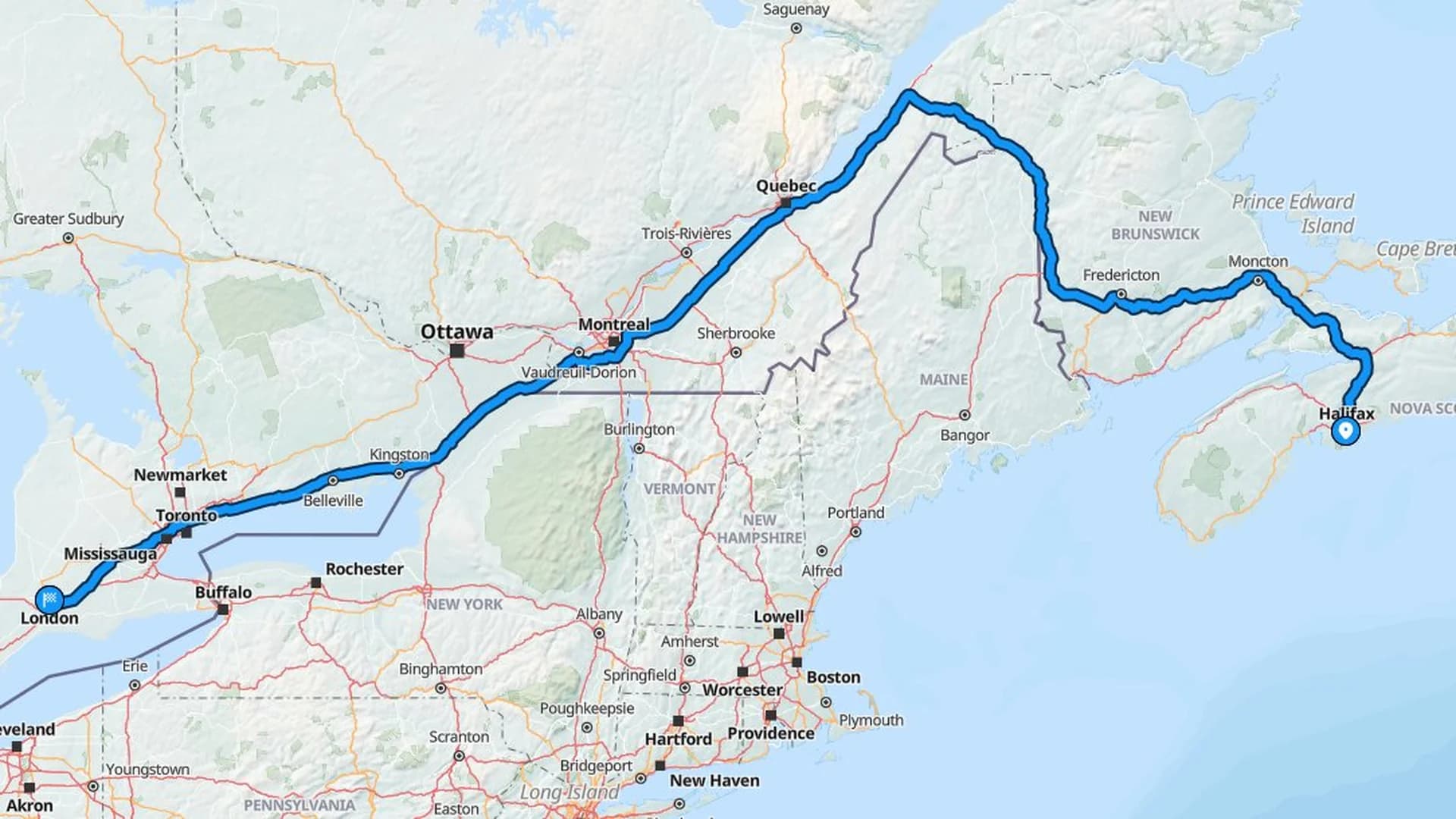 Map showing the Halifax to London car shipping route across four Canadian provinces