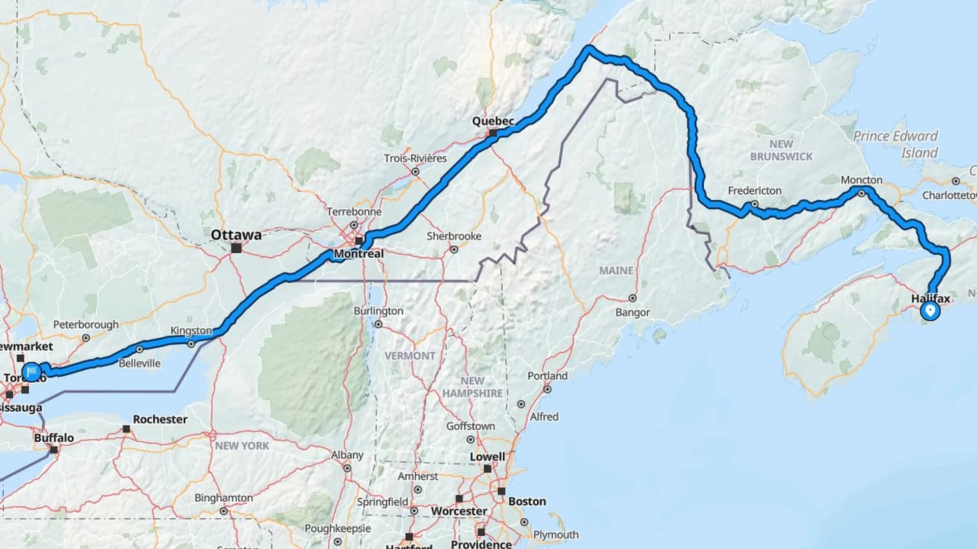 Map showing the Halifax to Markham car shipping route across four Canadian provinces
