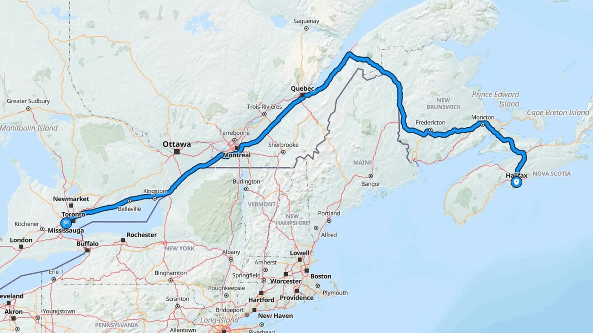 Map showing the Halifax to Mississauga car shipping route across four Canadian provinces