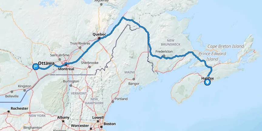 Route map showing Halifax to Ottawa vehicle delivery