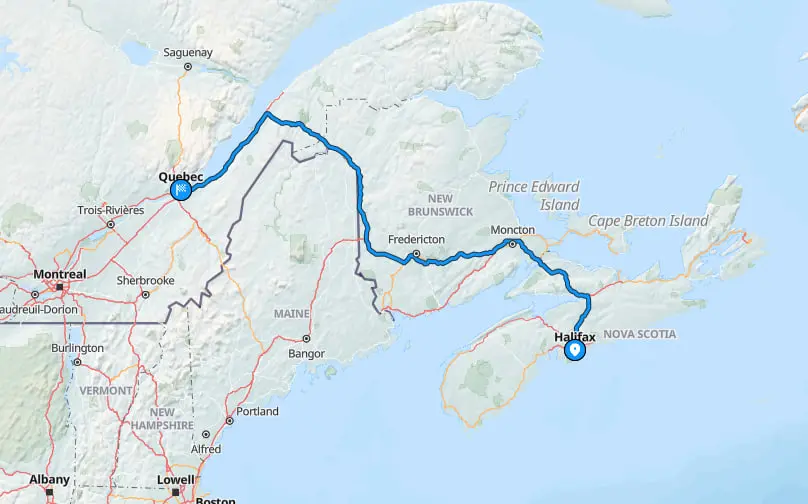 Map showing vehicle delivery route from Halifax to Quebec